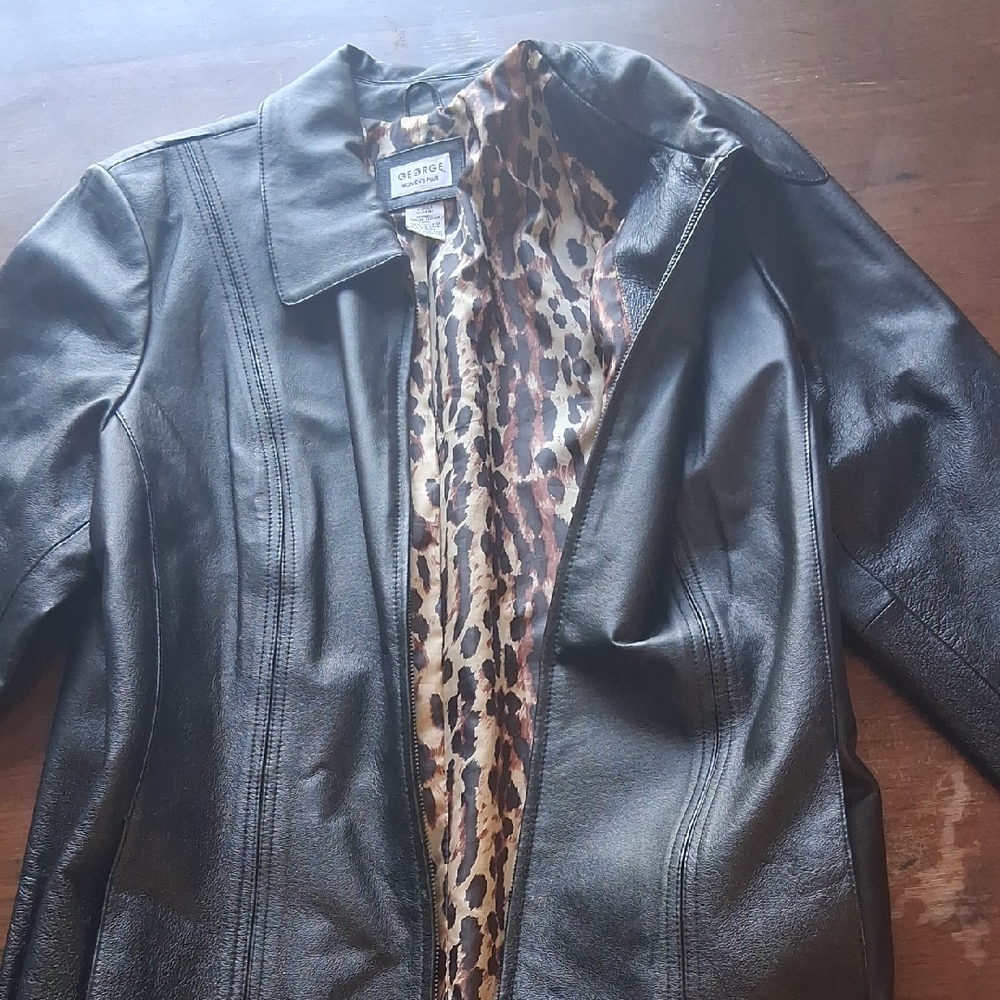 Old Navy Black Leather Jacket with Animal Print Lining